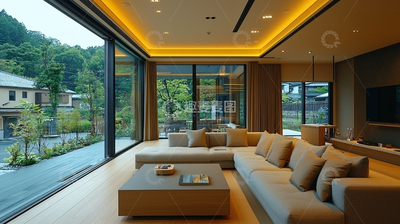 高清大图下载【趣麦麦图】现代简约风客厅落地窗外绿植