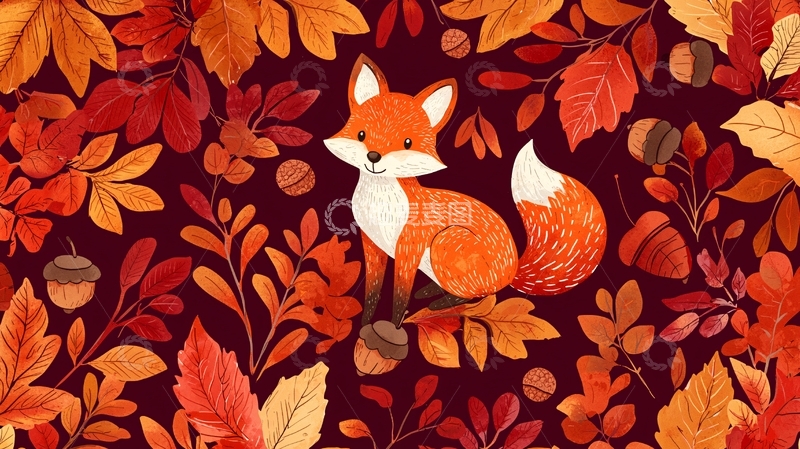 高清大图下载【趣麦麦图】秋天小狐狸树叶图案