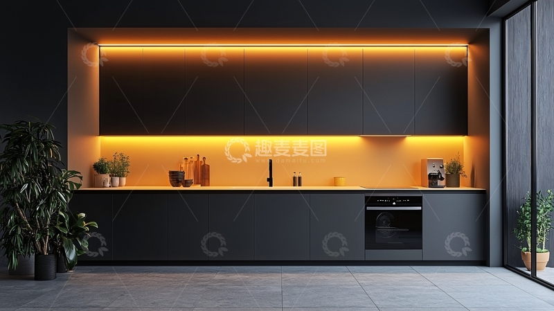 高清大图下载【趣麦麦图】暗色系现代厨房