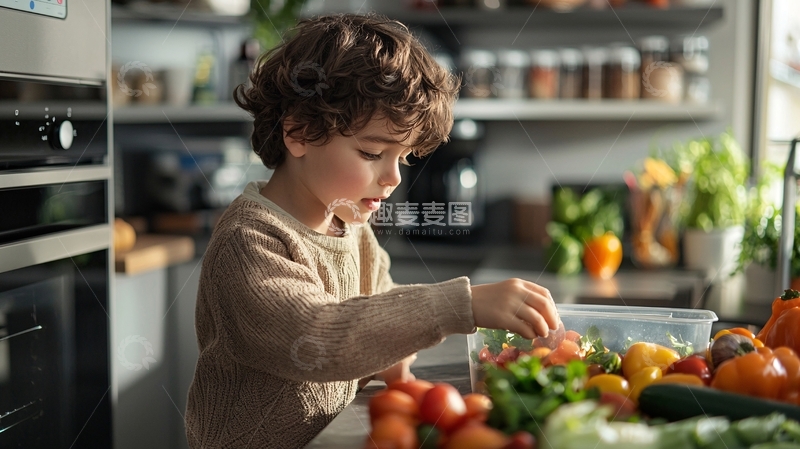 高清大图下载【趣麦麦图】厨房里的小男孩准备蔬菜