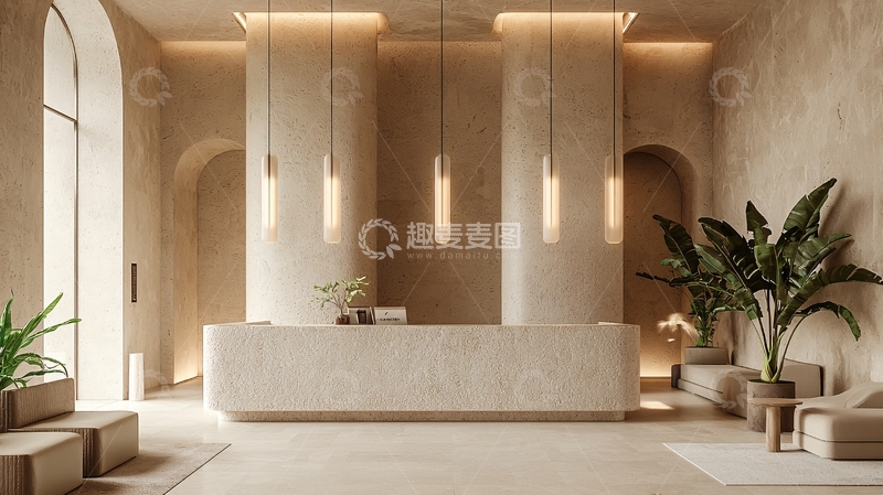 高清大图下载【趣麦麦图】米色大理石接待台与植物