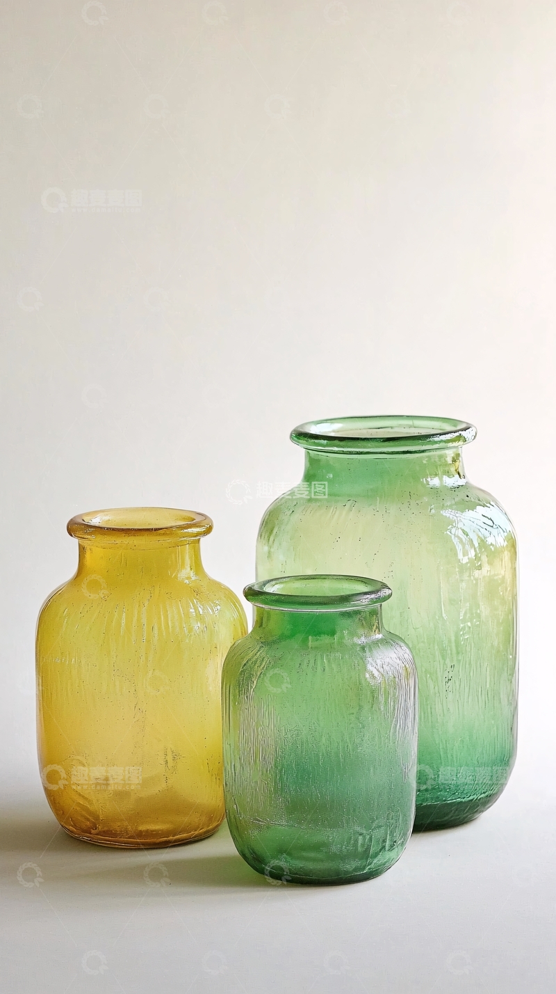 高清大图下载【趣麦麦图】三只不同颜色玻璃花瓶
