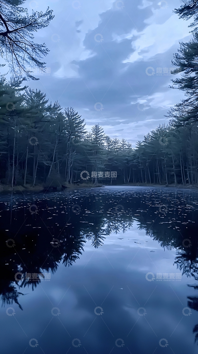 高清大图下载【趣麦麦图】傍晚森林湖泊倒影