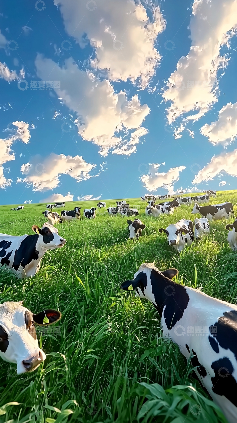 高清大图下载【趣麦麦图】蓝天白云下奶牛吃草
