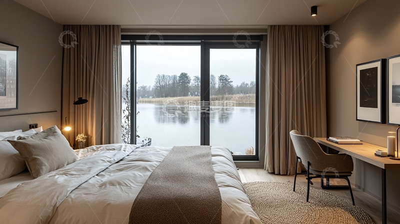 高清大图下载【趣麦麦图】极简风格湖景卧室