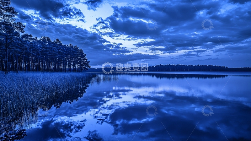 高清大图下载【趣麦麦图】蓝色湖泊森林倒影