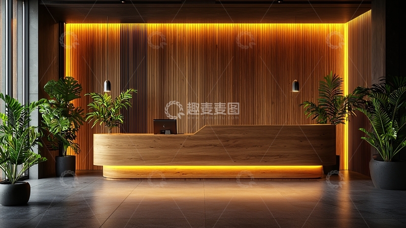 高清大图下载【趣麦麦图】木质前台与绿色植物