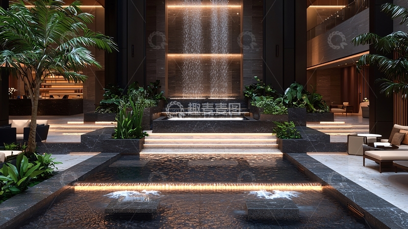 高清大图下载【趣麦麦图】奢华酒店大堂瀑布景观