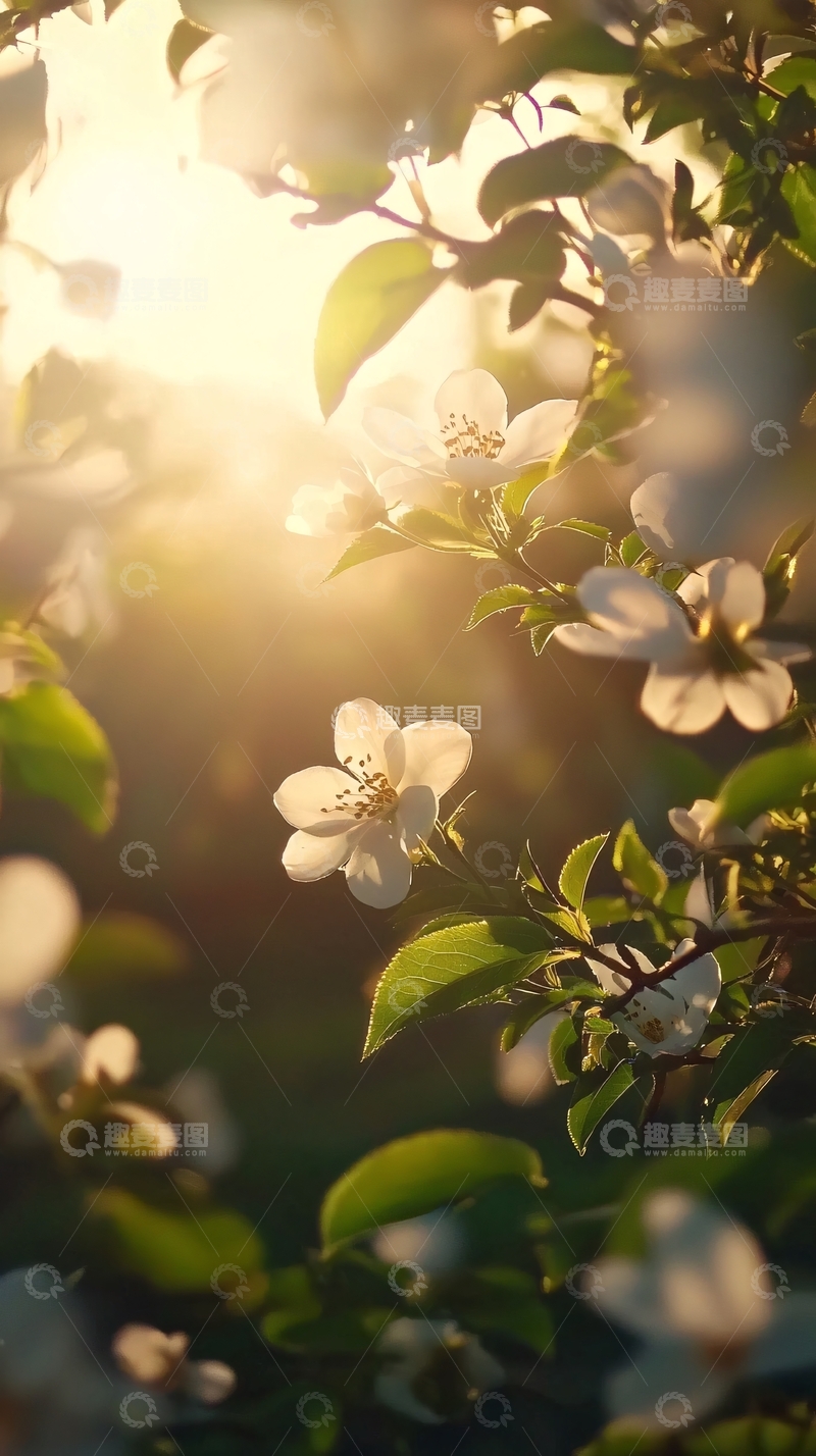 高清大图下载【趣麦麦图】夕阳下盛开的白色花朵