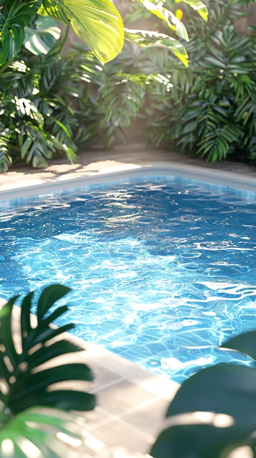 阳光下的泳池绿植环绕