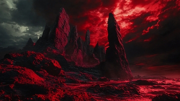 血红色天空下的奇异山峰