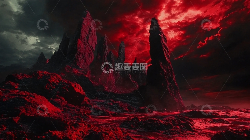 高清大图下载【趣麦麦图】血红色天空下的奇异山峰