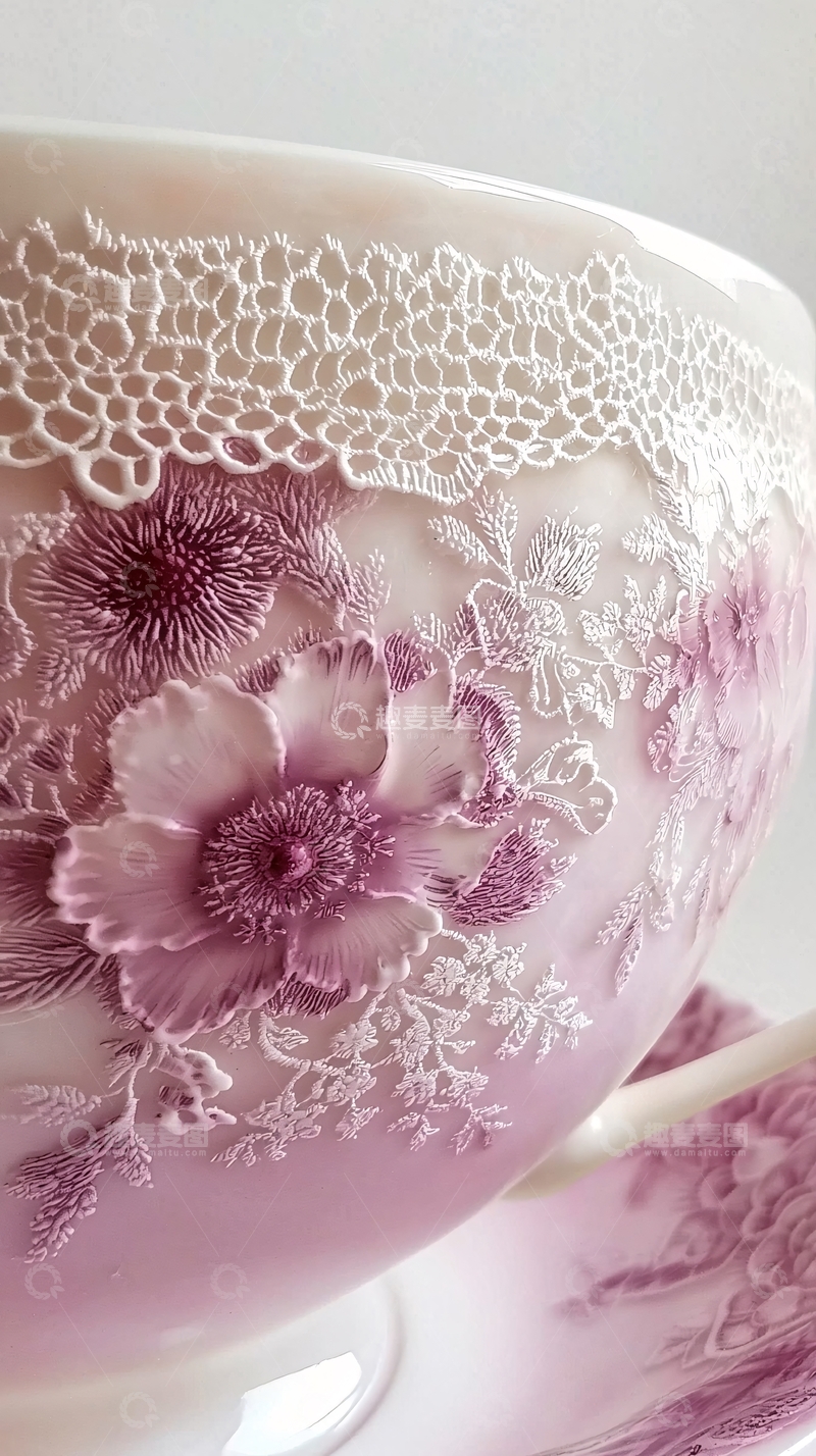 高清大图下载【趣麦麦图】粉色花卉蕾丝瓷碗