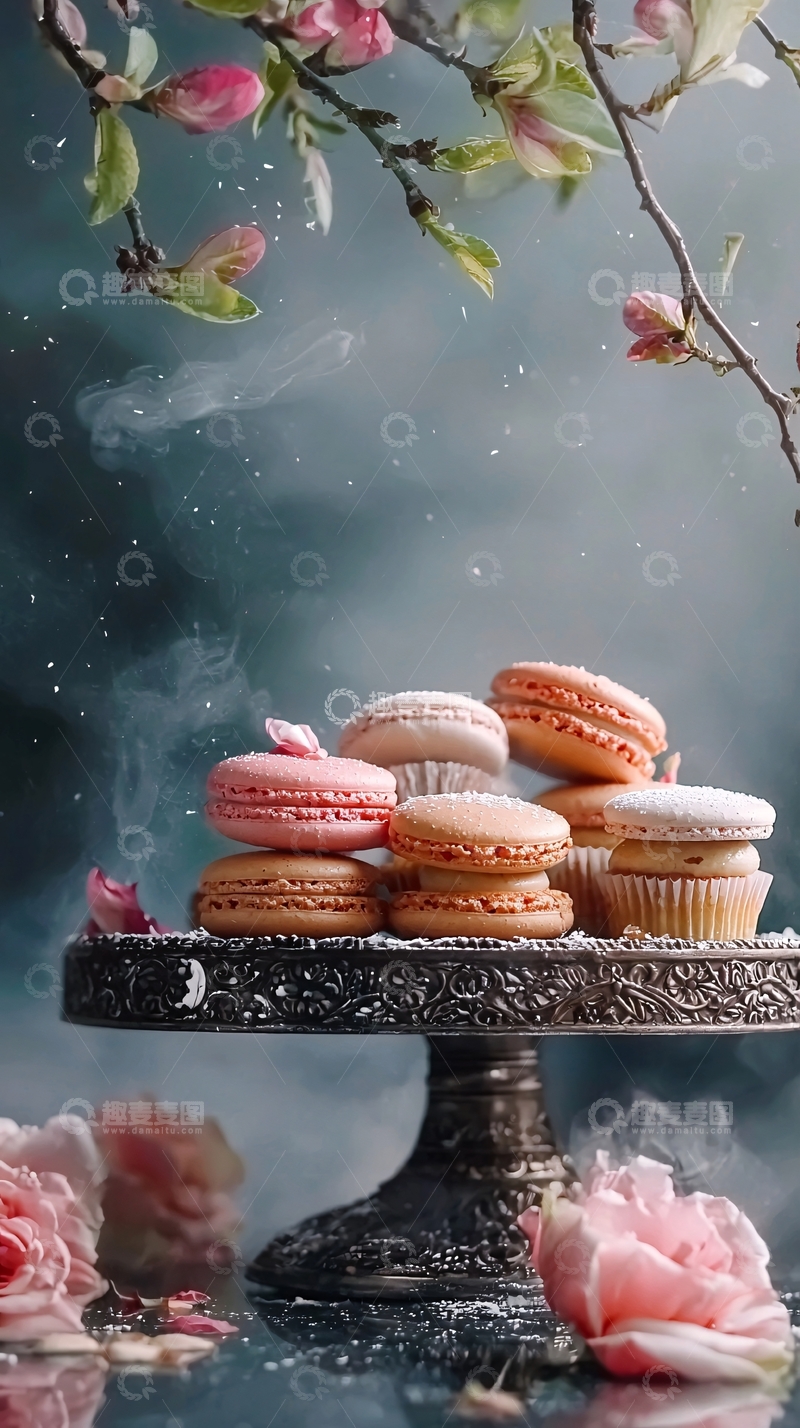 高清大图下载【趣麦麦图】精美马卡龙与花朵背景