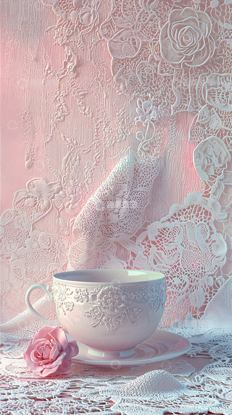 高清大图下载【趣麦麦图】粉色蕾丝茶杯玫瑰花