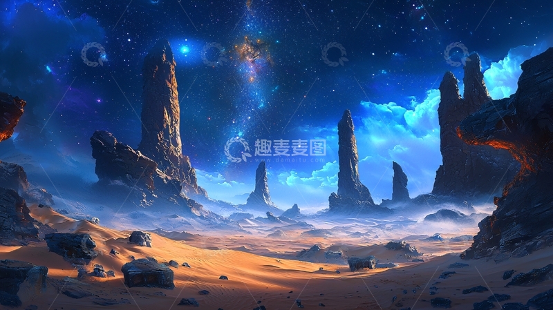 高清大图下载【趣麦麦图】星空下的奇幻沙漠岩石