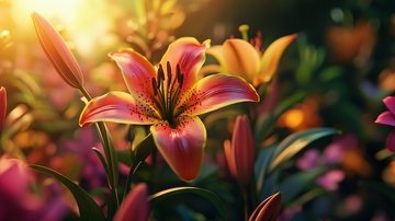 光线下的粉色百合花