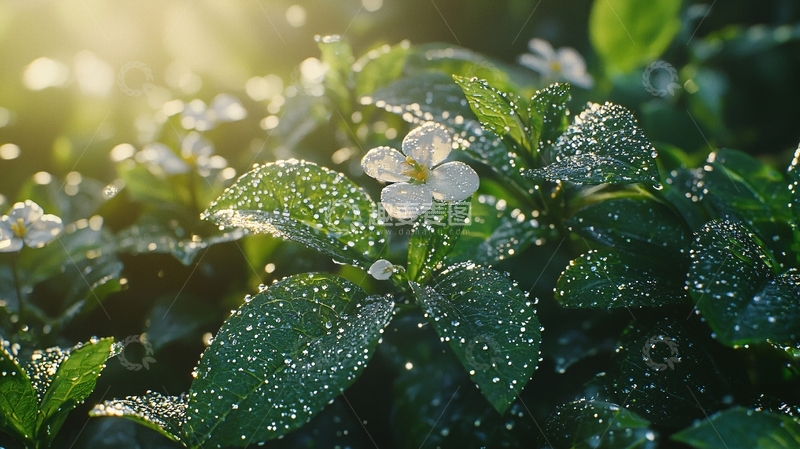 高清大图下载【趣麦麦图】清晨阳光下的白花绿叶