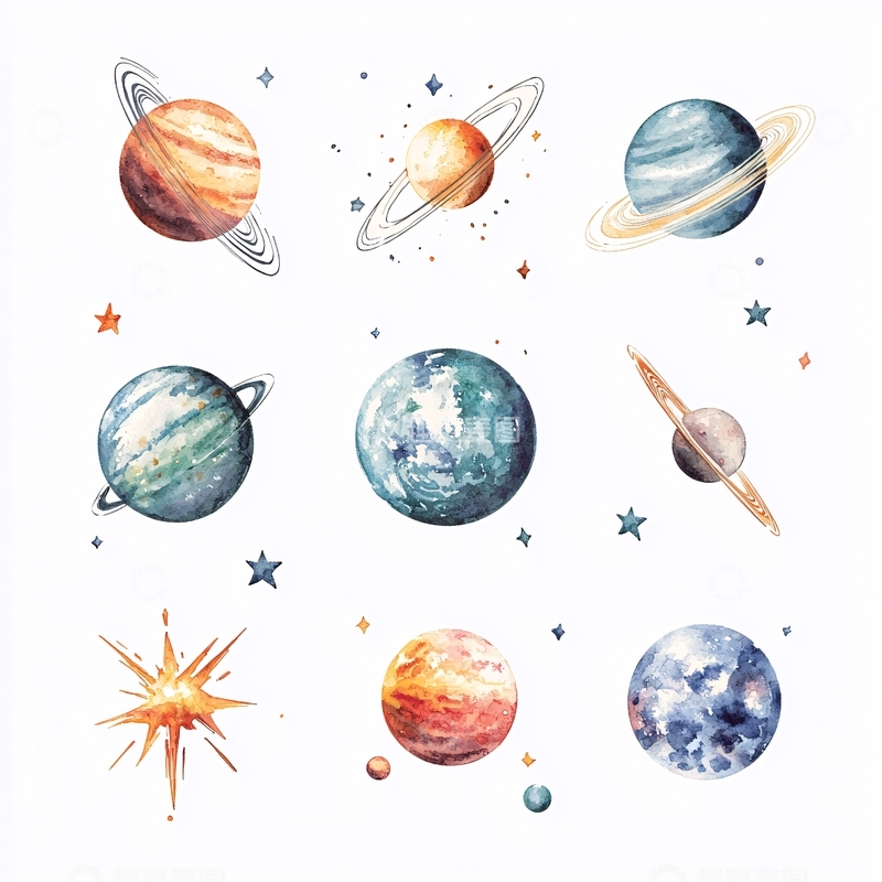 高清大图下载【趣麦麦图】水彩行星手绘插画