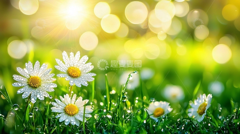 高清大图下载【趣麦麦图】阳光下露珠闪耀的雏菊