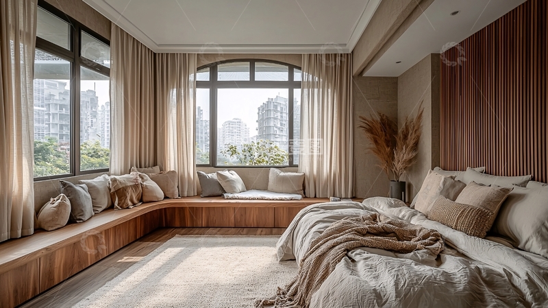 高清大图下载【趣麦麦图】明亮卧室带飘窗长椅