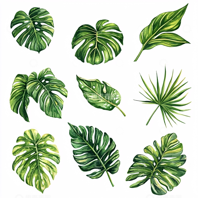 高清大图下载【趣麦麦图】热带植物叶子水彩画素材