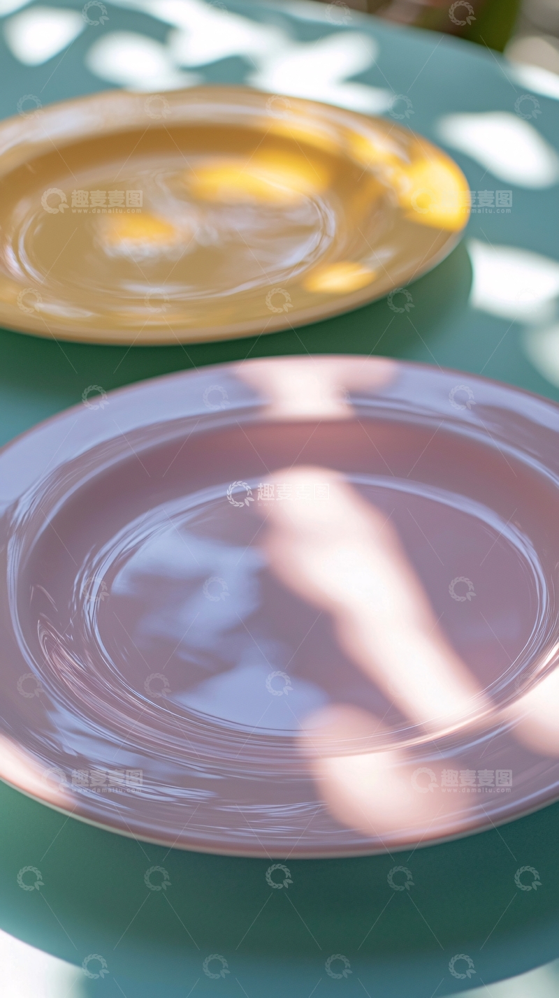 高清大图下载【趣麦麦图】阳光下的粉色和黄色餐盘