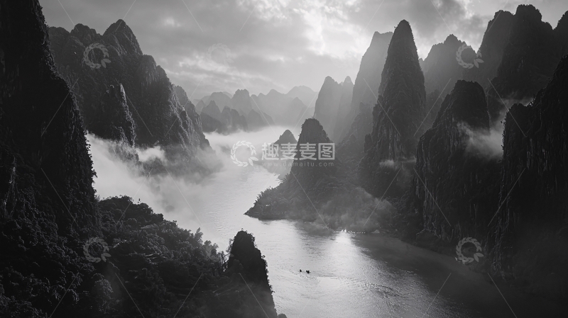 高清大图下载【趣麦麦图】黑白山水画