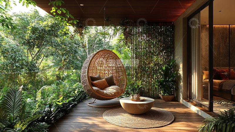 高清大图下载【趣麦麦图】绿意盎然的阳台休息区
