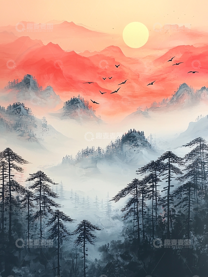高清大图下载【趣麦麦图】水墨山水日出飞鸟图