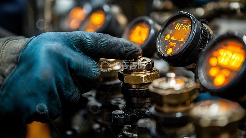 高清大图下载【趣麦麦图】戴蓝色手套的手操作仪表盘
