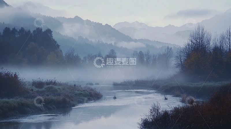 高清大图下载【趣麦麦图】雾气弥漫的山间河流