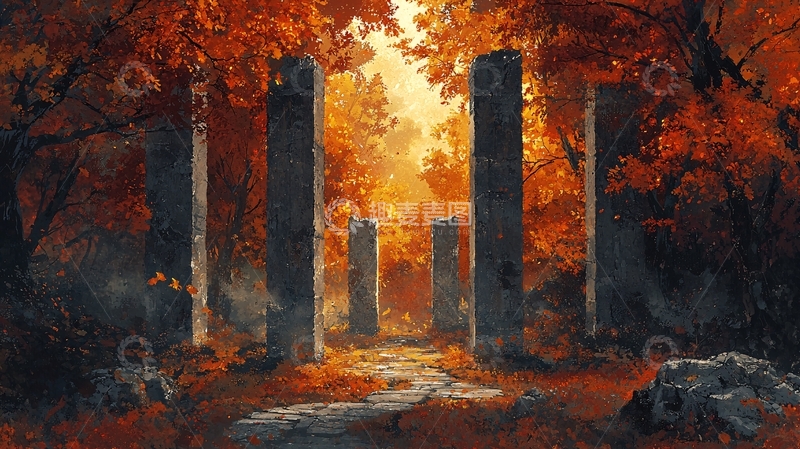 高清大图下载【趣麦麦图】秋日森林石柱小路