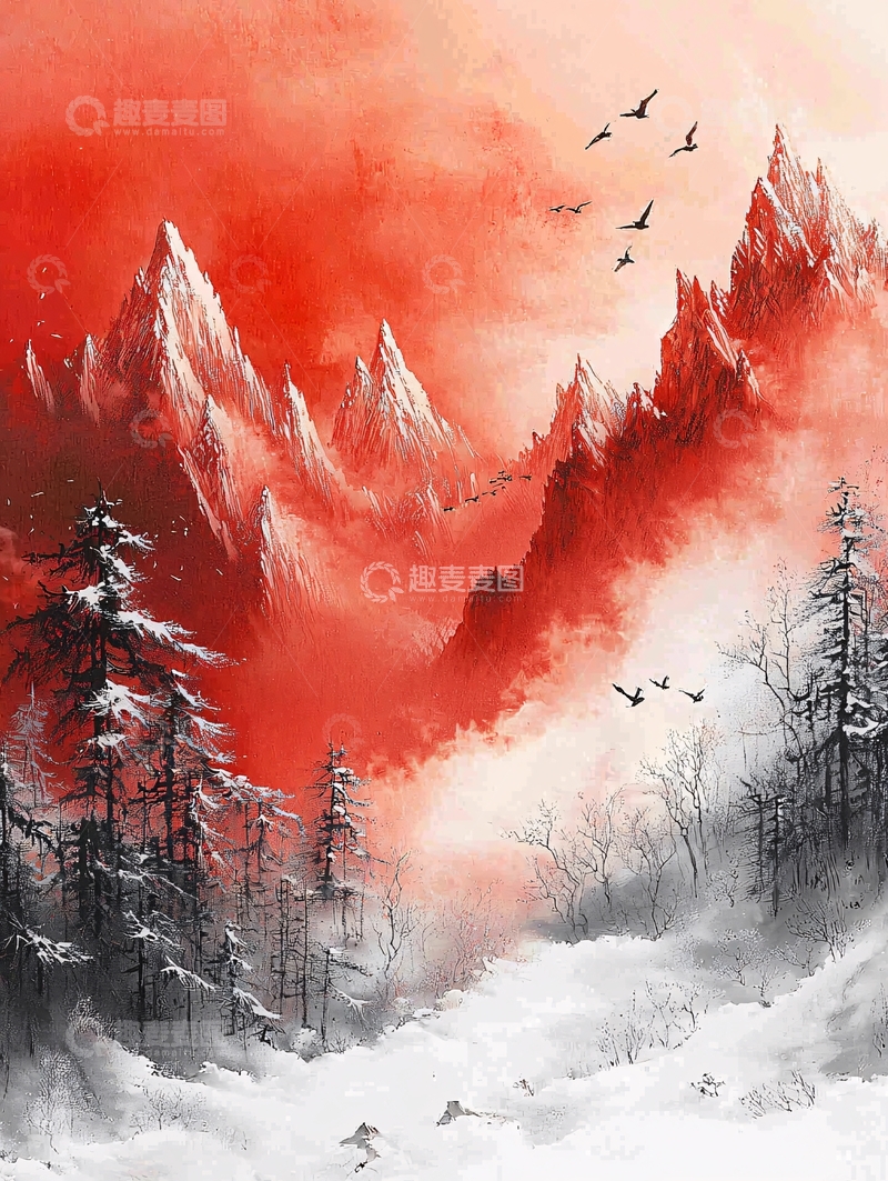 高清大图下载【趣麦麦图】红色雪山水墨画