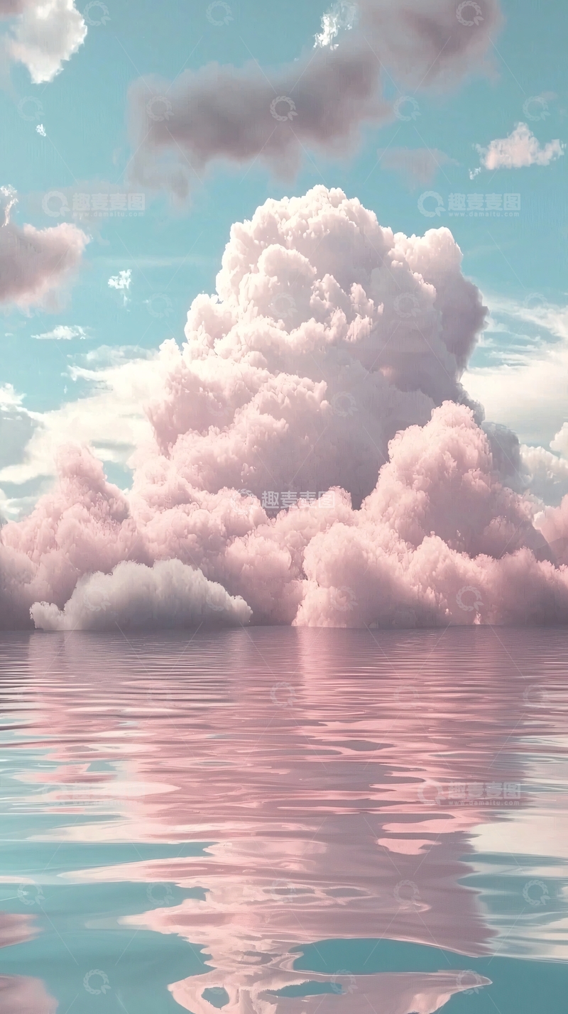 高清大图下载【趣麦麦图】粉红色棉花糖般的云朵在平静海面