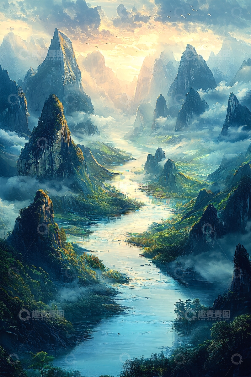 高清大图下载【趣麦麦图】山间云雾缭绕的河流