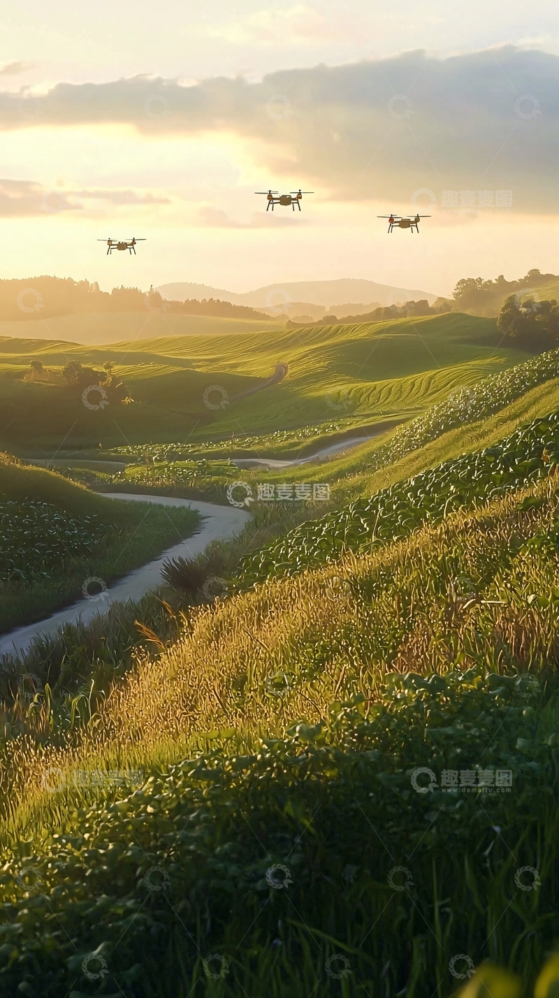 高清大图下载【趣麦麦图】日落时分无人机飞跃绿油油田野