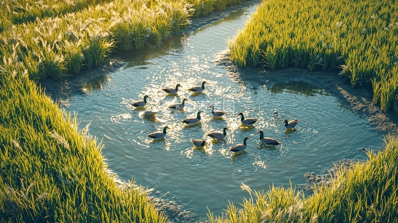 高清大图下载【趣麦麦图】田埂小河雁群戏水