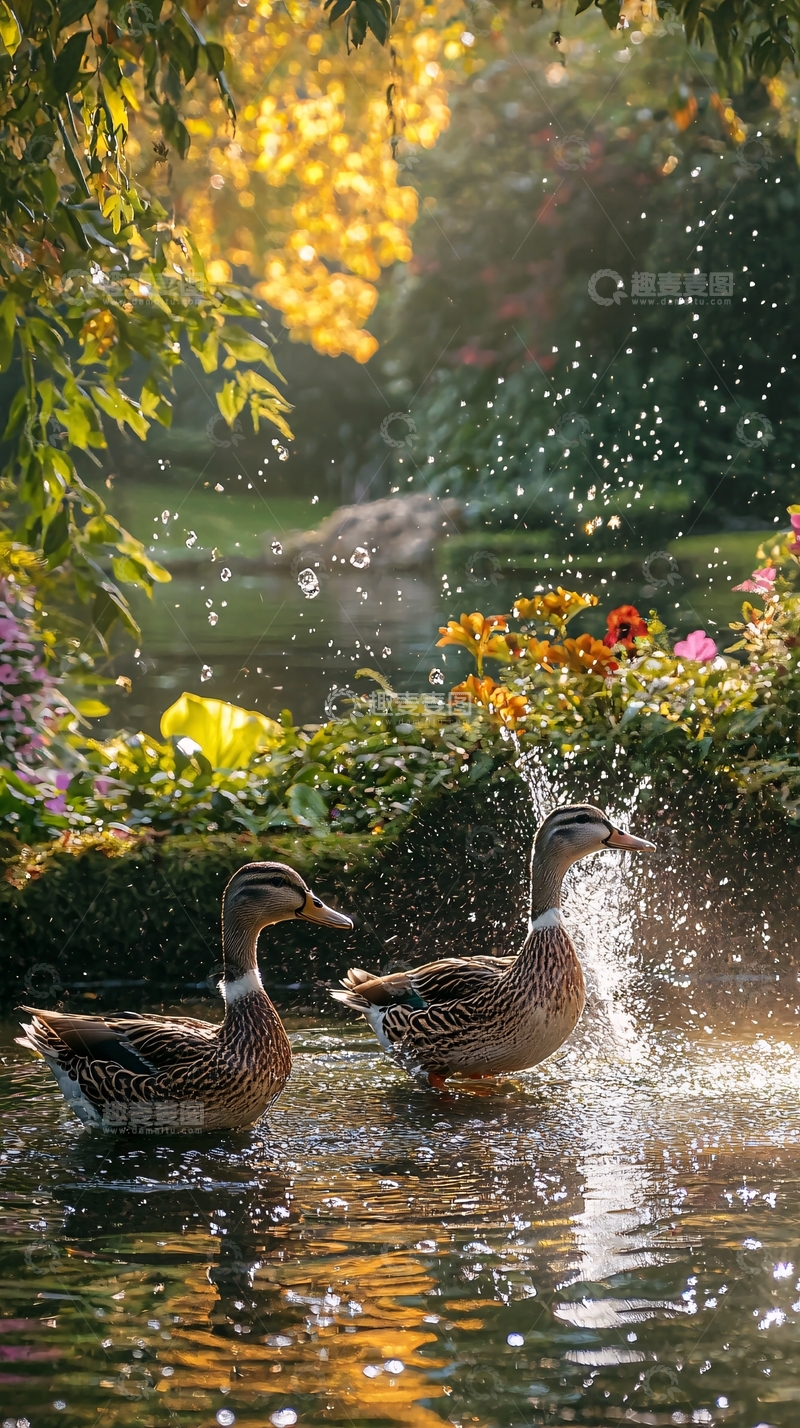 高清大图下载【趣麦麦图】阳光洒在湖面上的鸭子