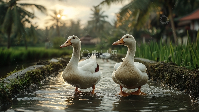 高清大图下载【趣麦麦图】稻田里两只白鸭