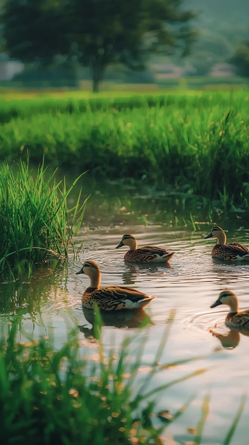 绿油油稻田里嬉戏的野鸭