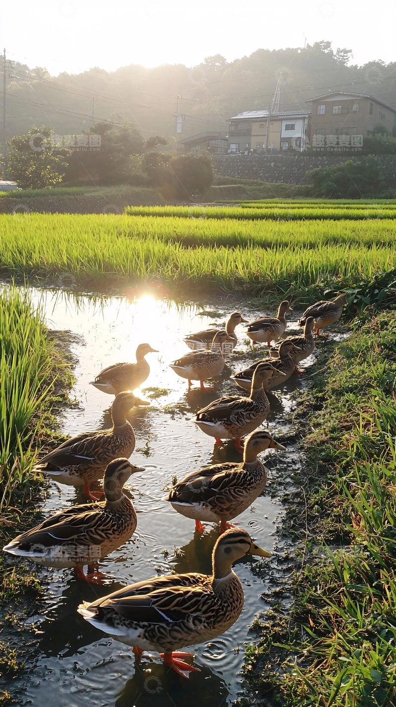 高清大图下载【趣麦麦图】田埂上鸭群日出美景