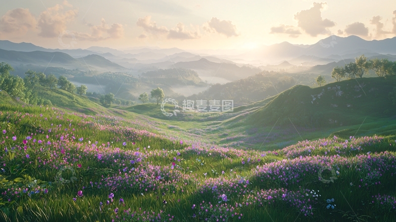 高清大图下载【趣麦麦图】日出山峦花海田园