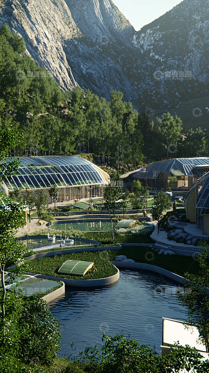 高清大图下载【趣麦麦图】山谷中的生态环保村庄