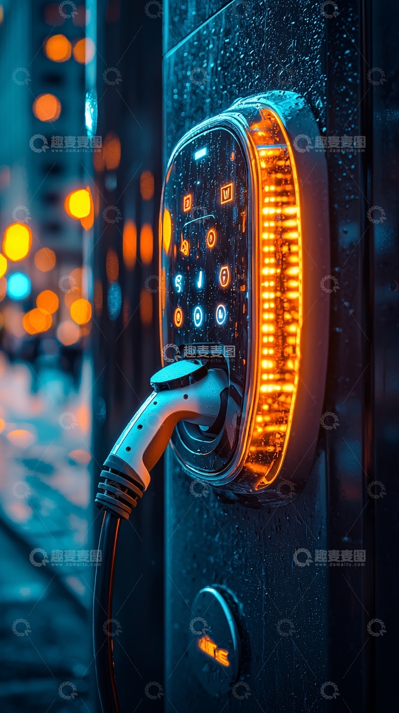 高清大图下载【趣麦麦图】夜晚雨中电动汽车充电桩