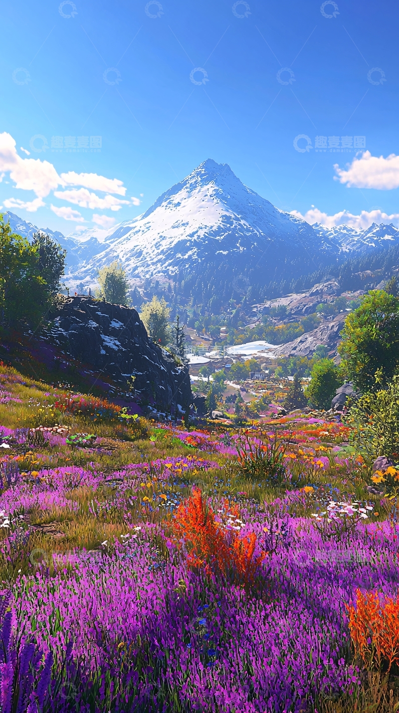 高清大图下载【趣麦麦图】雪山花海壮丽景色