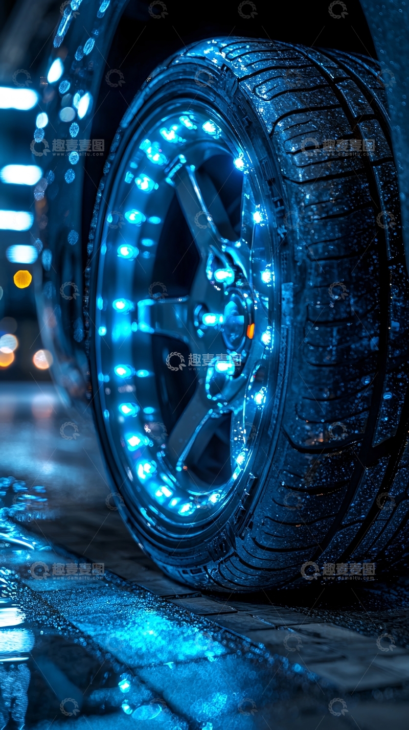 高清大图下载【趣麦麦图】夜间汽车轮胎发光细节
