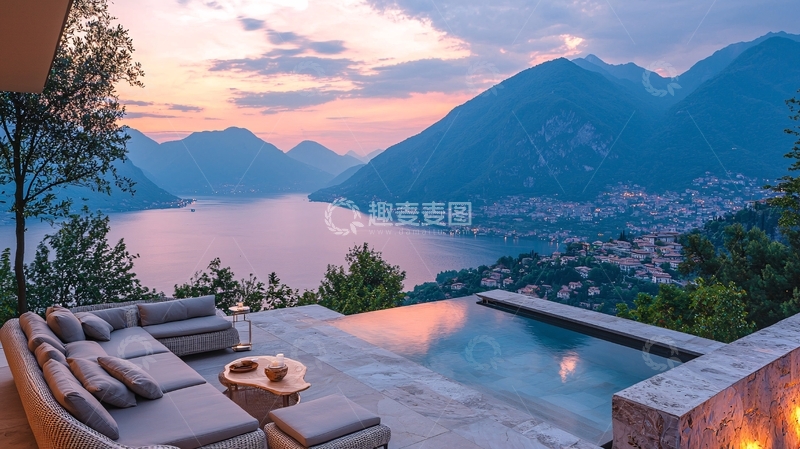高清大图下载【趣麦麦图】湖边别墅的傍晚美景
