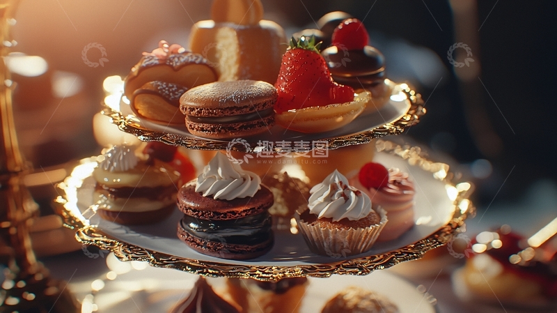 高清大图下载【趣麦麦图】双层点心架上的精美甜点