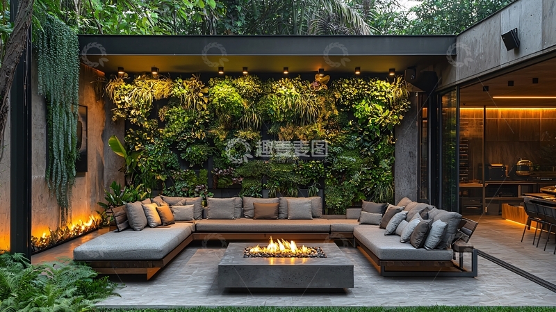 高清大图下载【趣麦麦图】庭院绿植墙沙发篝火